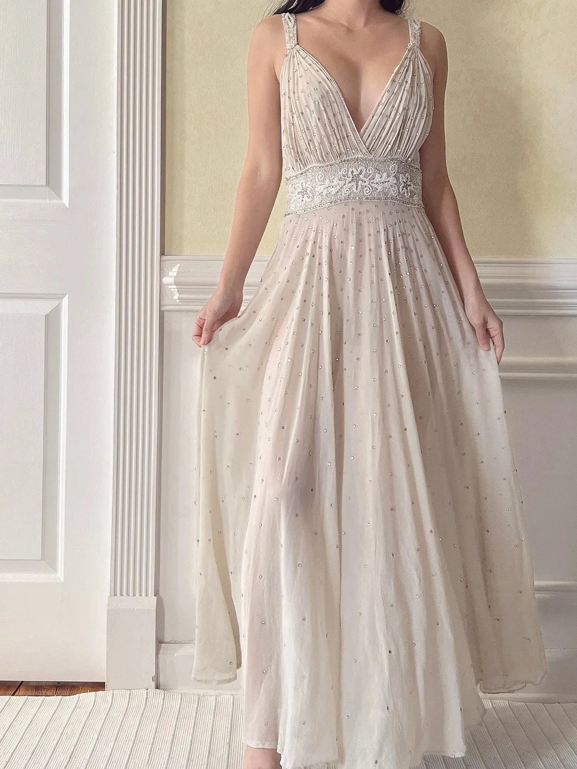 1930s Silk Crystal Embellished Dress - S