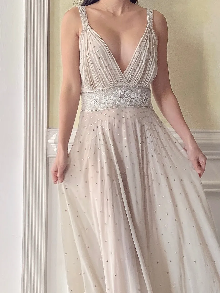 1930s Silk Crystal Embellished Dress - S