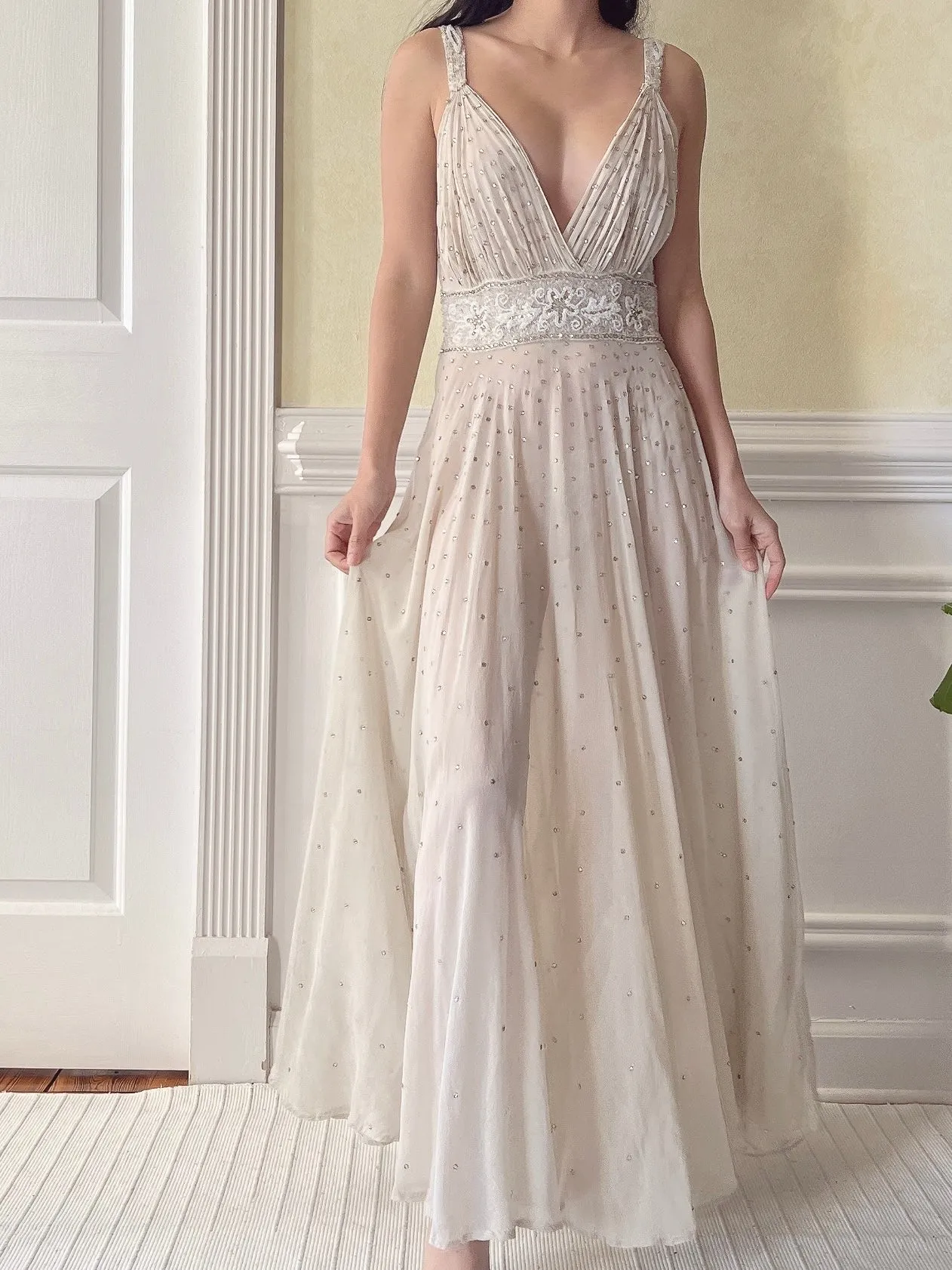 1930s Silk Crystal Embellished Dress - S