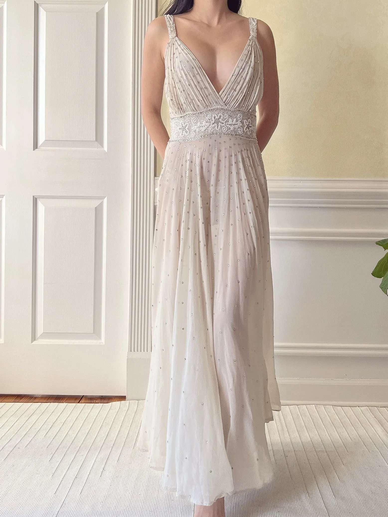 1930s Silk Crystal Embellished Dress - S