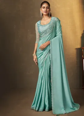 Aqua Blue Traditional Embroidery Festive Saree
