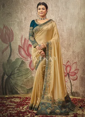 Beige And Turquoise Embroidery Traditional Crepe Silk Saree
