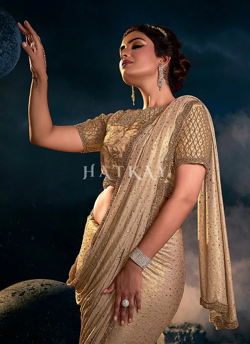 Beige Golden Zari Embroidered Festive Saree