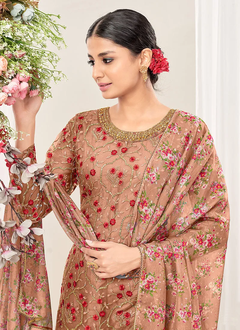 Biscotti Brown Multi Floral Embroidery Traditional Patiala Suit