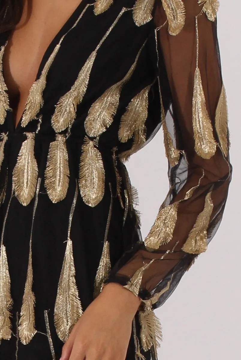 Black Mesh Layer Feather Playsuit - Miranda