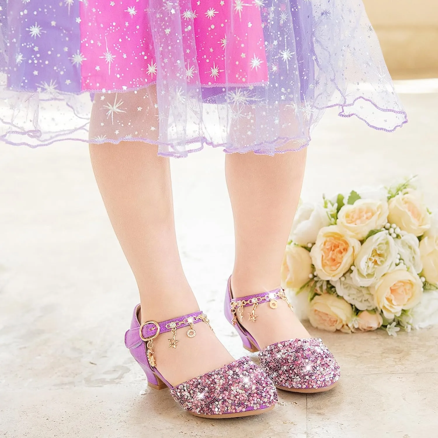 Furdeour Girls Dress Shoes Princess Crystal High Heels Closed Toe Party Wedding Flower Girls Shoes Toddler Little Big Kid