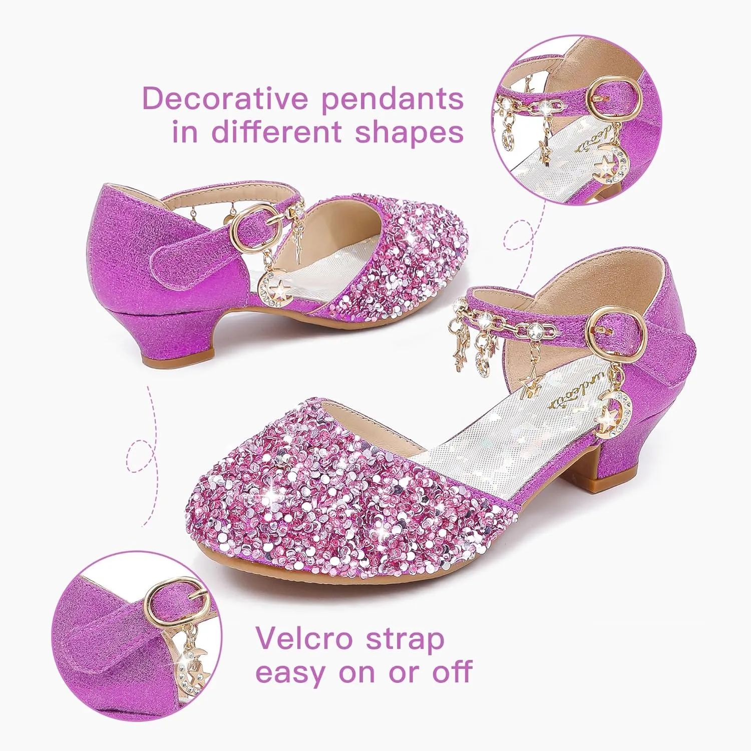 Furdeour Girls Dress Shoes Princess Crystal High Heels Closed Toe Party Wedding Flower Girls Shoes Toddler Little Big Kid