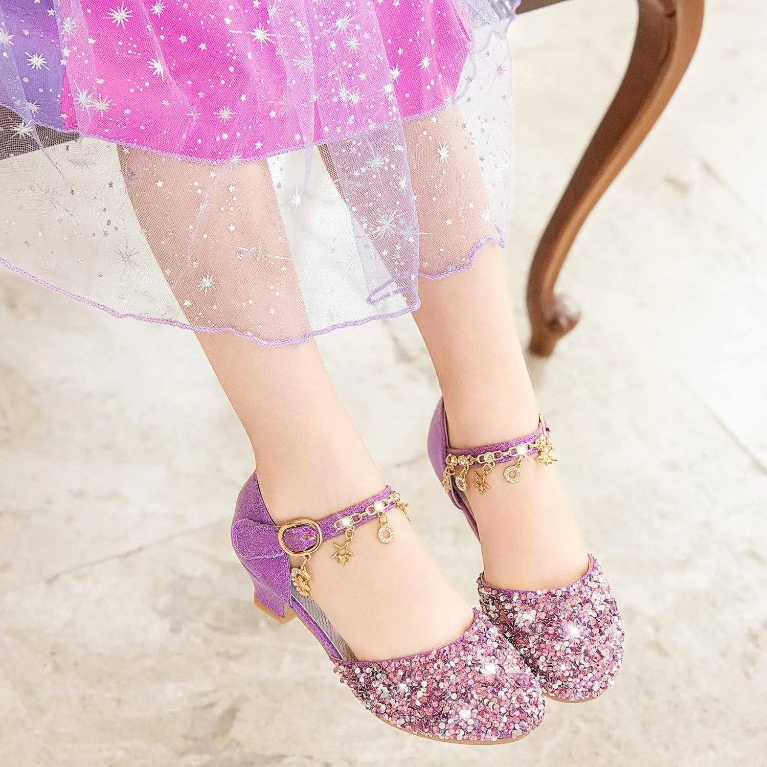 Furdeour Girls Dress Shoes Princess Crystal High Heels Closed Toe Party Wedding Flower Girls Shoes Toddler Little Big Kid