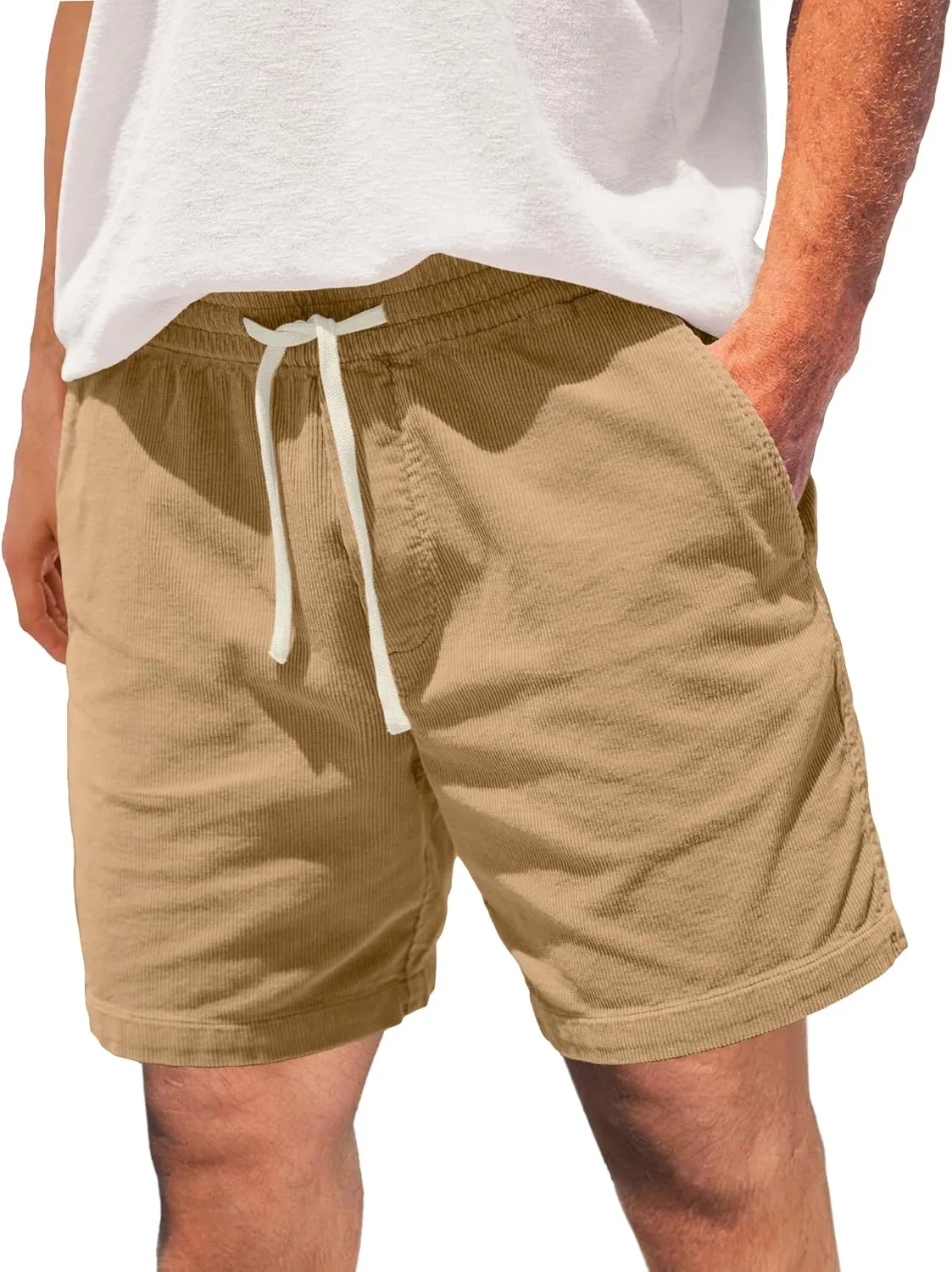 Men's Corduroy Shorts 5 Inch Inseam Drawstring Elastic Waist Lightweight Casual Summer Beach Shorts with Pocket
