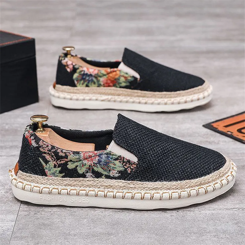 Men's Side Floral Print Patchwork Fisherman Canvas Shoes