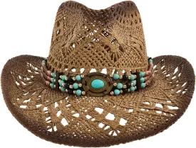 QWINEE Western Straw Cowboy Hat Cowgirl Hats Hollow Out Summer Beach Sun Hat for Women Men