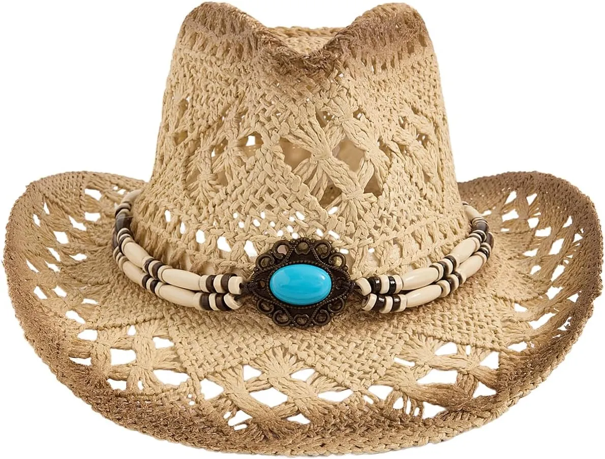 QWINEE Western Straw Cowboy Hat Cowgirl Hats Hollow Out Summer Beach Sun Hat for Women Men