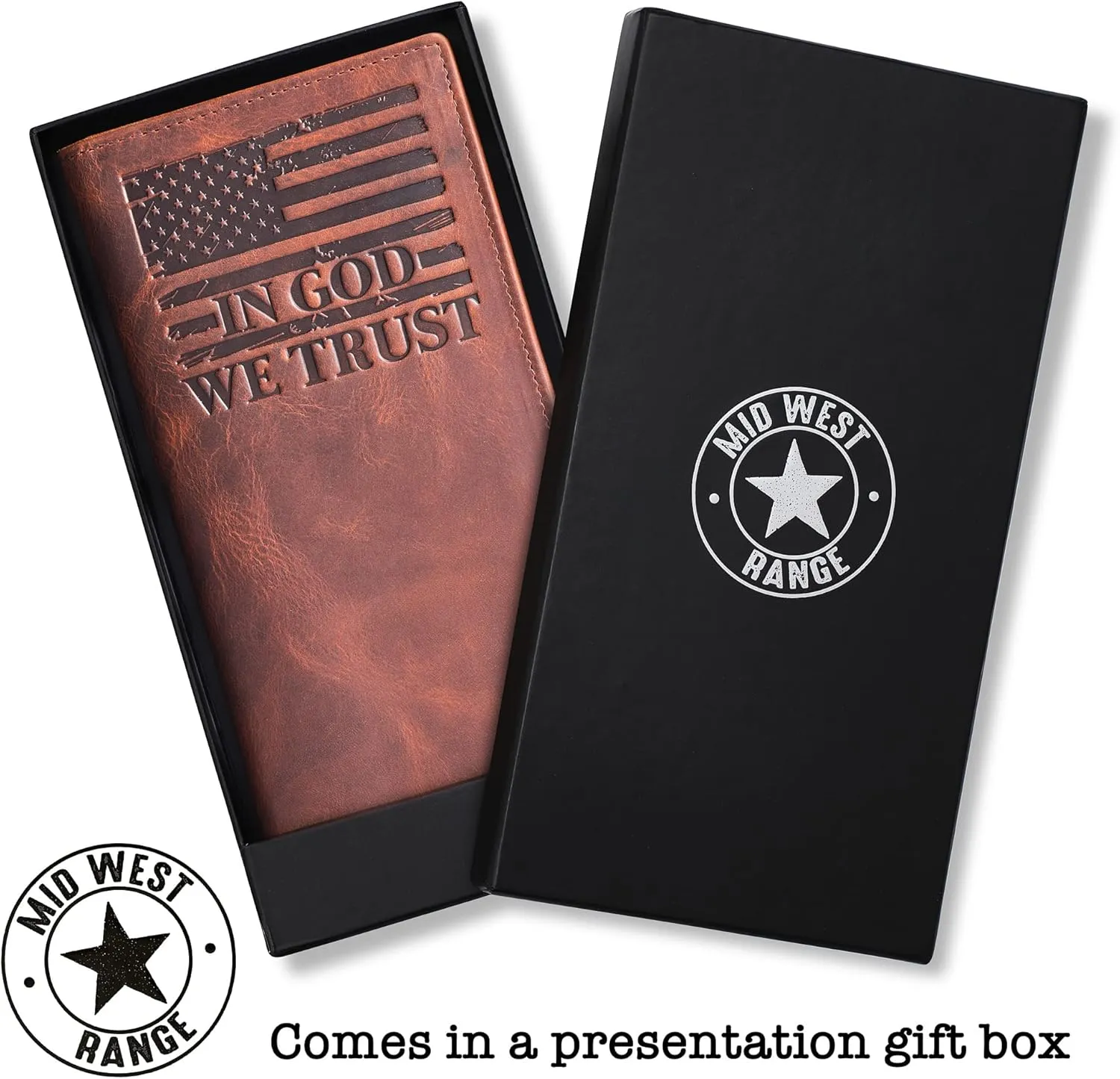 ??The Patriot?? American Flag Rodeo Wallet for Men. Distressed Leather ??IN GOD WE TRUST??. Gift Cowboy Wallet for the True Patriot - Western Wallet for Men.