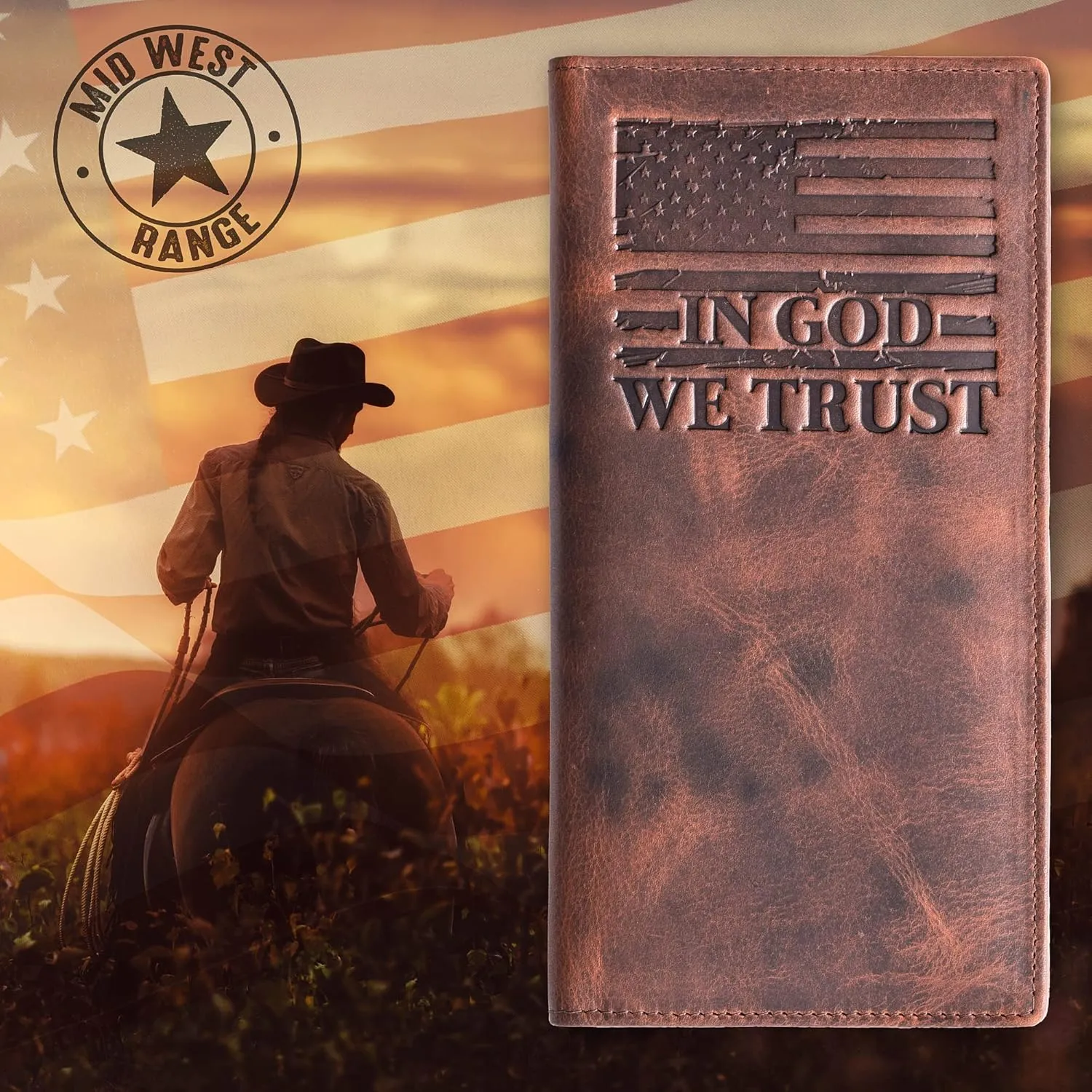 ??The Patriot?? American Flag Rodeo Wallet for Men. Distressed Leather ??IN GOD WE TRUST??. Gift Cowboy Wallet for the True Patriot - Western Wallet for Men.