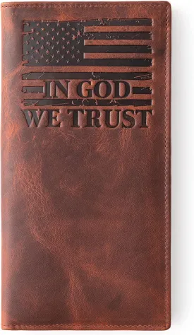??The Patriot?? American Flag Rodeo Wallet for Men. Distressed Leather ??IN GOD WE TRUST??. Gift Cowboy Wallet for the True Patriot - Western Wallet for Men.